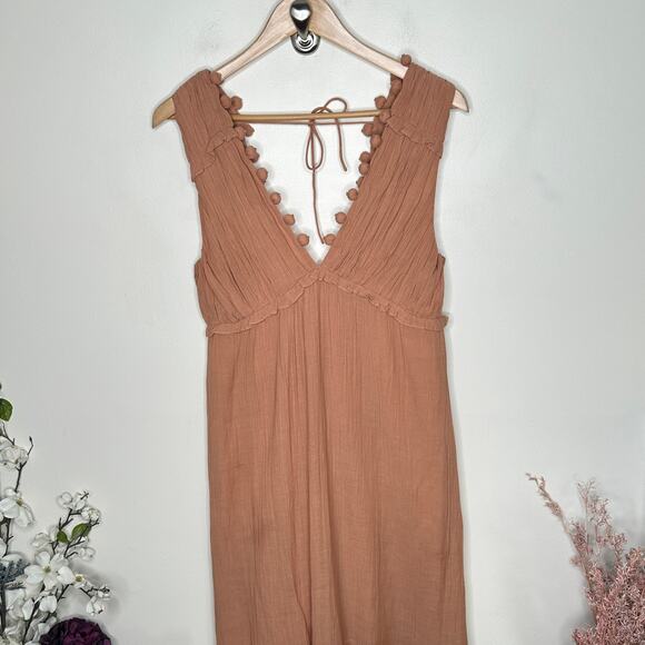 SCARLETT POPPIES Pom Pom Cotton Gauze Maxi Dress Clay Tan Sz M {D16} - Picture 3 of 8